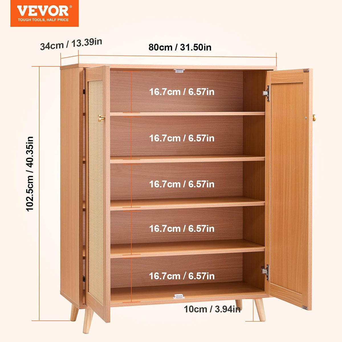 Rattan Shoe Cabinet, 5 Tiers Shoe Storage Organizer with 2 Doors and Adjustable Shelves, 40.35" Tall Rattan Shoe Storage Entryway Cabinet Ideal for Entryway, Closet, Hallway, Light Wood Color