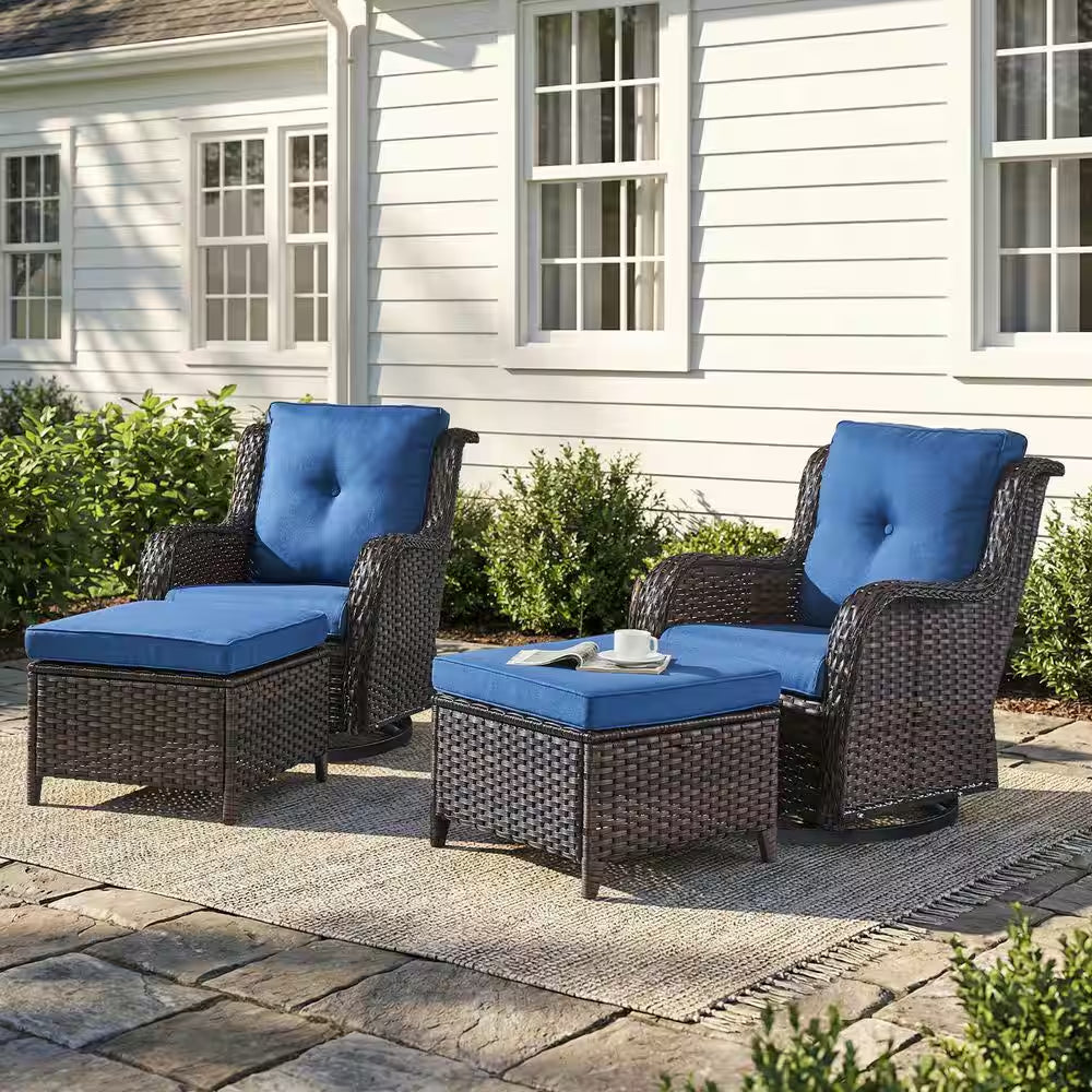 Carolina Brown Swivel Rocking Wicker Outdoor Lounge Chair with Blue Cushions with Ottomans