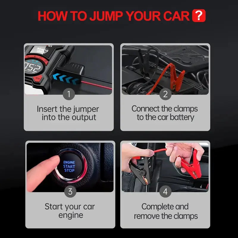 5-In-1 Multifunctional Air Pump Jump Starter with Air Compressor 3000A Peak/150Psi Battery Jump Starter Digital Tire Inflator