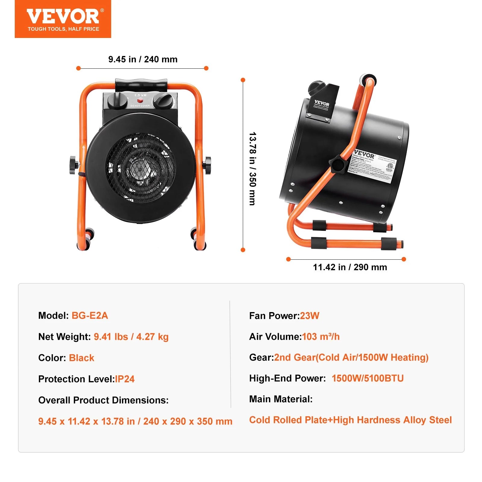 VEVOR Greenhouse Heater with Thermostat, 1500W Fast Heating with Overheat Protection, 2-Speed Setting Small Grow Tent Heater, Electric Portable Heater Fan for Green House, Flower Room, Workplace