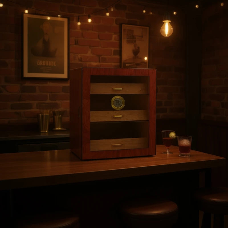 100 Cigar Capacity Wooden Humidor with Digital Hygrometer Glass Door Temperature Humidity Control Storage Box for Home Bar Use