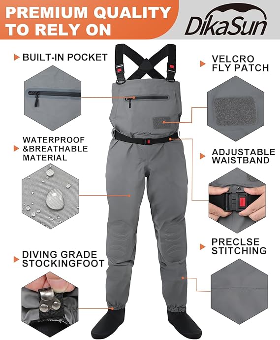 DikaSun Breathable Stocking Foot Waders for Fly Fishing (Lightweight Unisex Design for Men & Women)