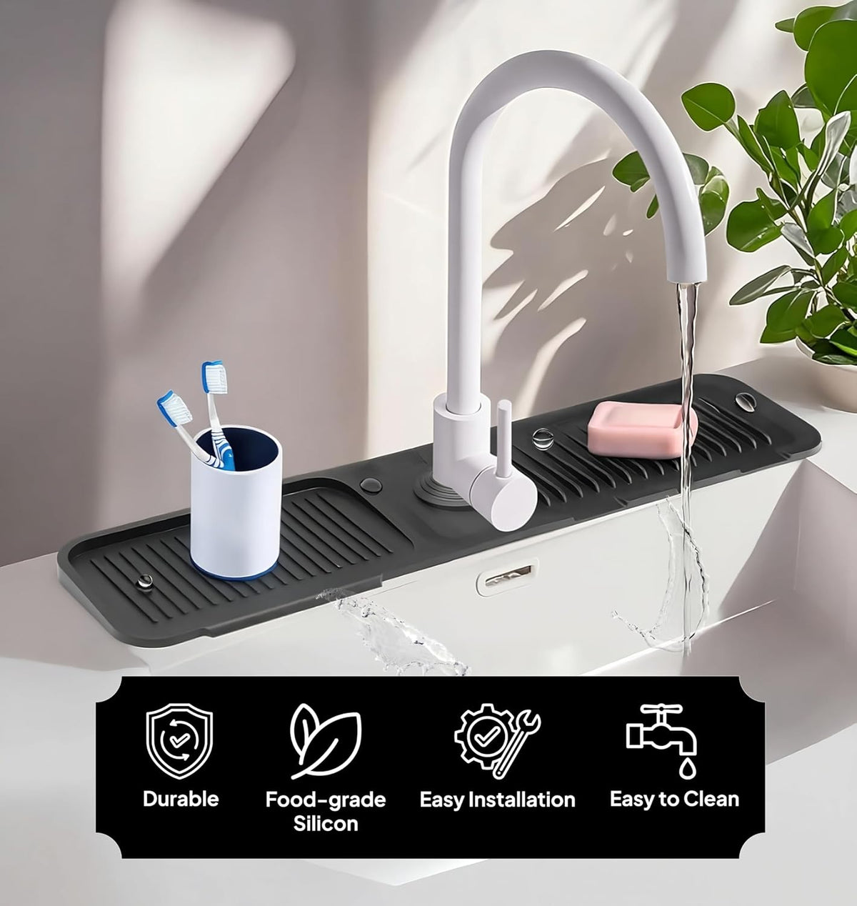 Faucet Mat for Kitchen Sink, Silicone Sink Splash Guard, Fast Drying Faucet Drip Catcher Tray, Water Splash Guard & Countertop Protector, Sink Drying Mat for Kitchen & Bathroom