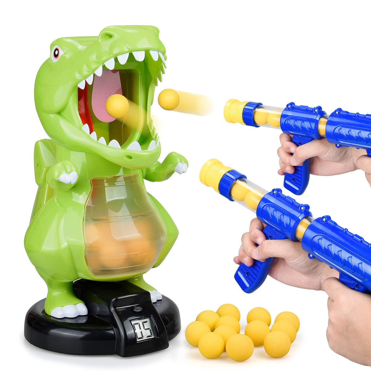 Dino Blast LCD Target Challenge for Kids Air Pump Shooting Game with 24 Foam Balls Ages 6+