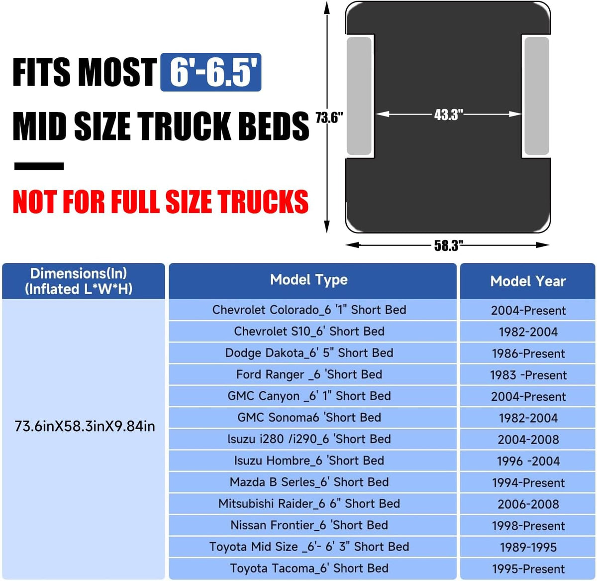 DikaSun 6-6.5 FT Mid Size Pickup Truck Bed Air Mattress,Black