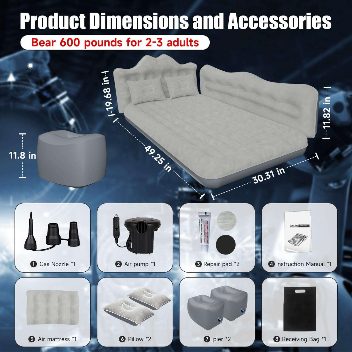 Thicken Backseat SUV/Car/Truck Air Mattress Air Bed Inflatable SUV Truck Mattress -30.31'' Width/Grey
