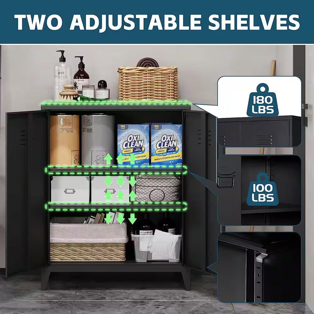 31.5 In. W 2-Shelf Locker, Lockable Home Office Storage Cabinets with 2 Doors and Shelves for Home, Office in Black