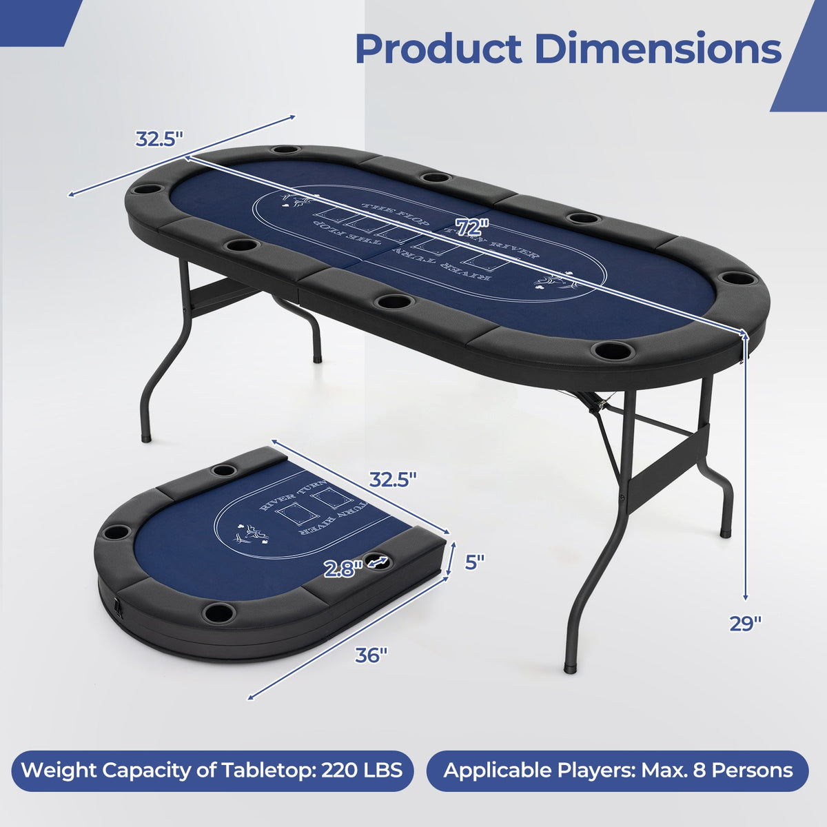 72 Inch Foldable Poker Table for 8 Players Portable Oval Card Board Game Table