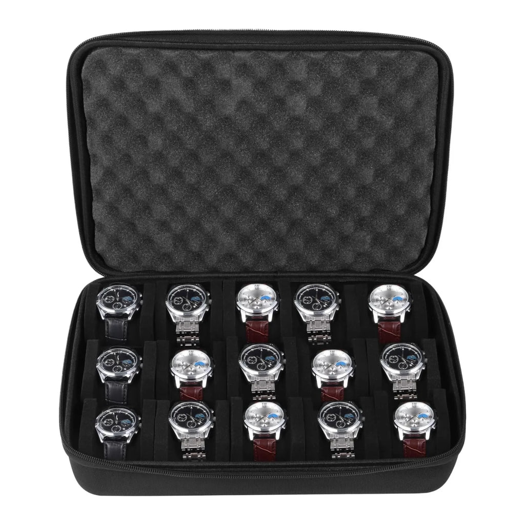 Portable 15-Slot Watch Storage Case with Hard PVC Shell and Soft Sponge Cushions