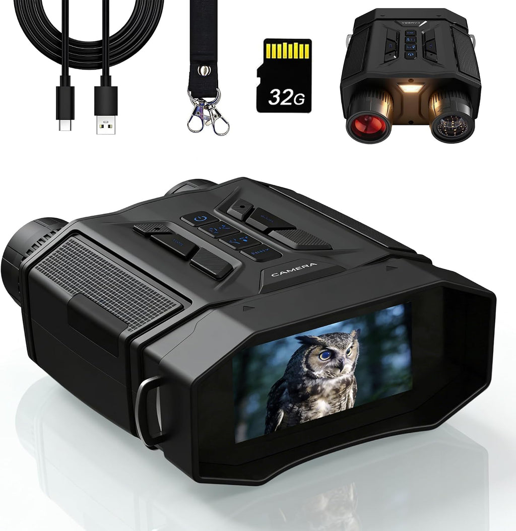 Night Vision Goggles 8X Digital Zoom, 300M Night Vision Binoculars with 7-Level IR, 32GB Card & LED Flashlight, Gifts for Men, Dad, Husband, Boyfriend for Camping and Birdwatching