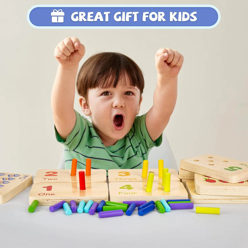 Wooden Number Blocks and Counting Peg Boards: Educational Math Manipulatives for Toddlers and Kindergarteners Learning Numbers and Math Concepts