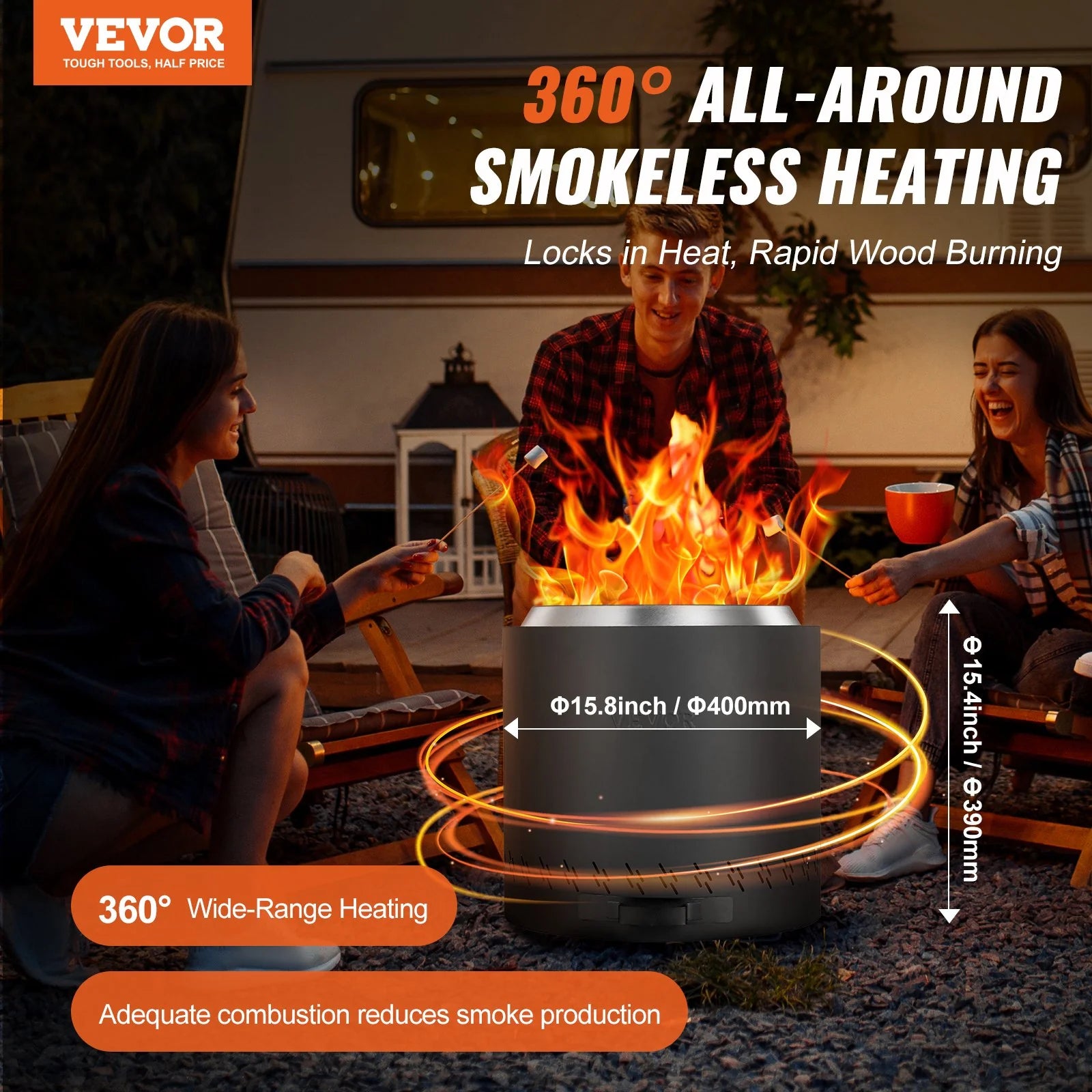 VEVOR Smokeless Fire Pit Stove Bonfire 15.8 in Dia Wood Burning Stainless Steel