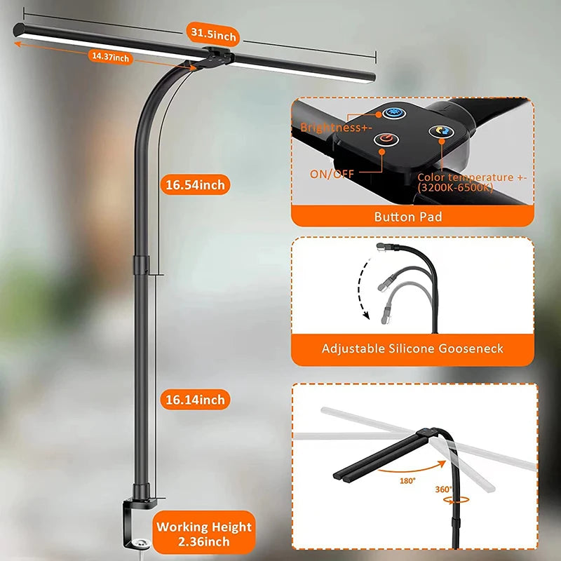Double Head LED Desk Lamp EU/US Architect Desk Lamps Office 24W Brightest 5Color Modes and 5 Dimmable Eye Protection Lamp