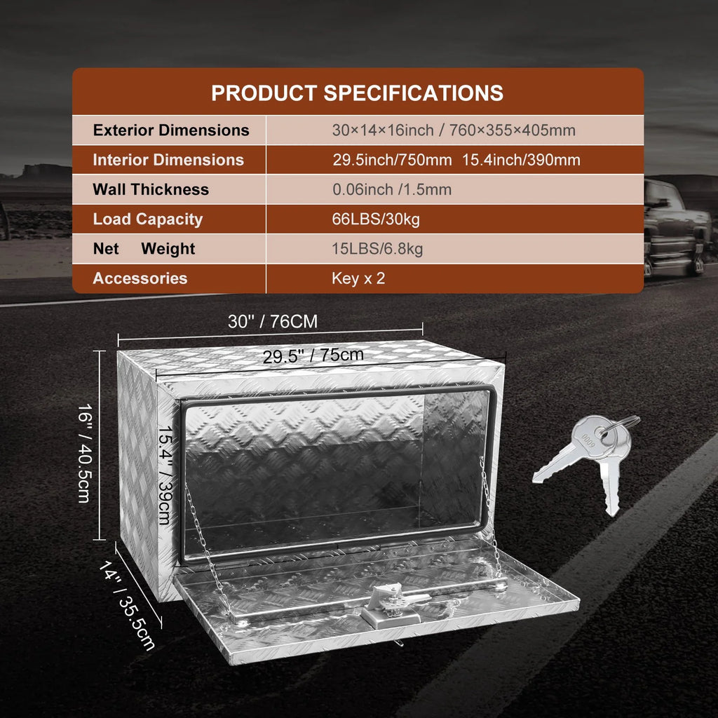 VEVOR Underbody Truck Box, 30¡_14¡_16 Pickup Storage Box, Heavy Duty Aluminum Diamond Plate Tool Box with Lock and Keys, Waterproof Trailer Storage Box with T-Handle Latch for Truck, Van, Trailer