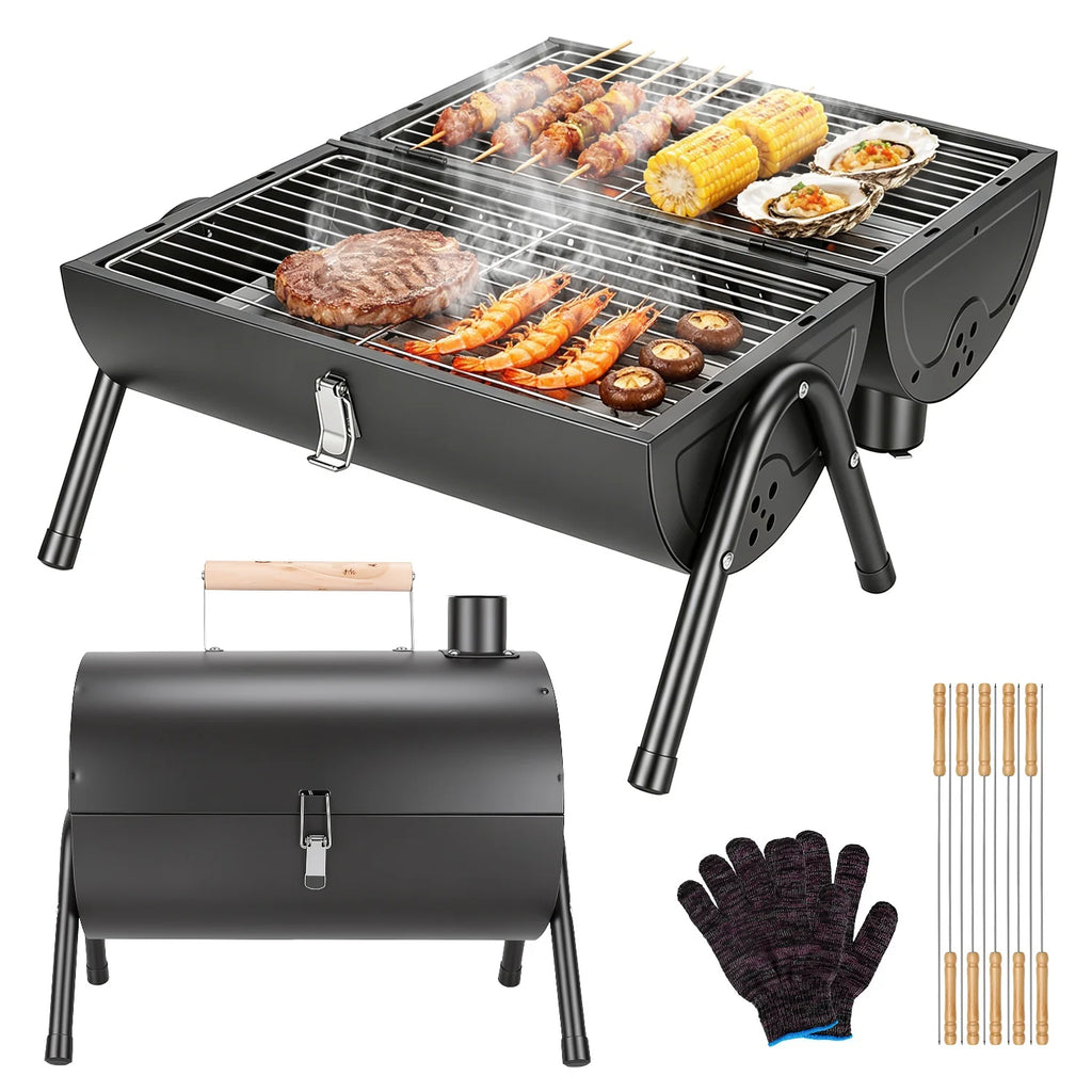 Portable Charcoal Grill Foldable BBQ Grill with Double-Sided Cooking Design, Chimney Vent, 10 Stainless Steel Skewers Carry Handle Outdoor Barbecue Grill for Camping Picnic Beach