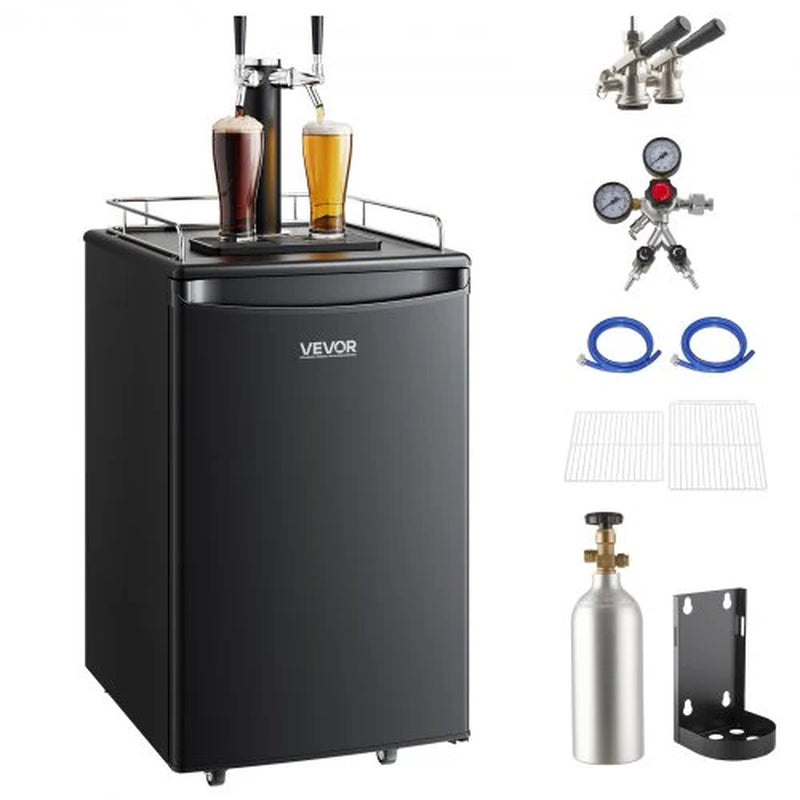 Beer Kegerator, Dual Tap Draft Beer Dispenser, Full Size Keg Refrigerator with CO2 Cylinder, Shelves, Drip Tray & Rail, 32¡Ãf- 50¡Ãf Temperature Control, Hold 1/6, 1/4, 1/2 Barrels, Black