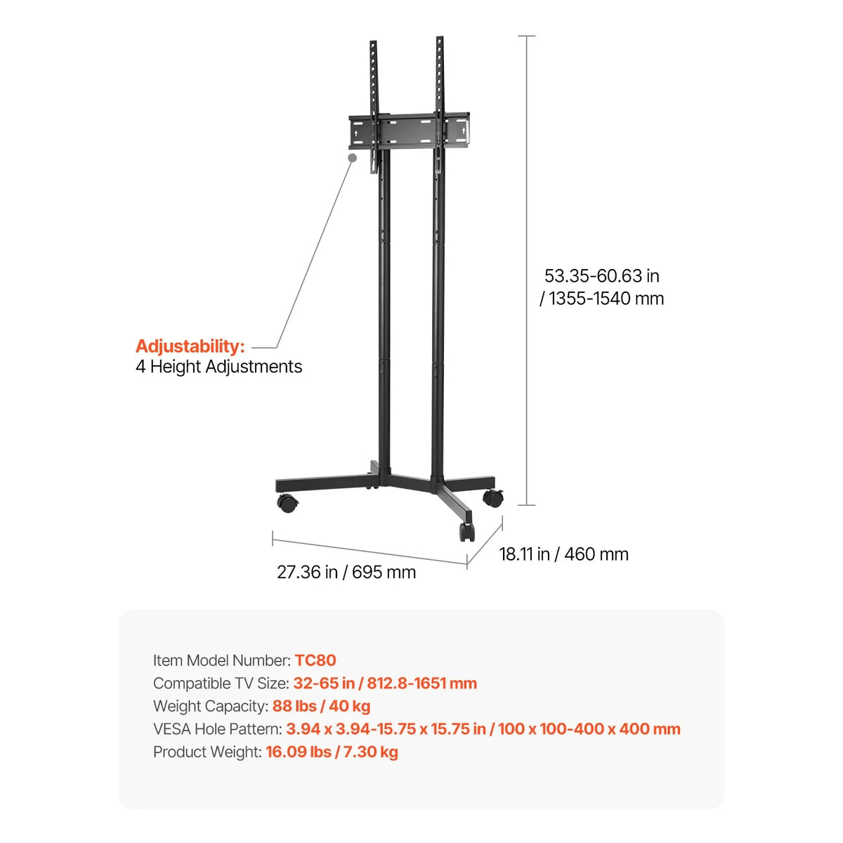 Succebuy Rolling TV Stand Mobile TV Cart Suit for Various Sizes TV Portable TV Stand with Wheels for Living Room Bedroom Office