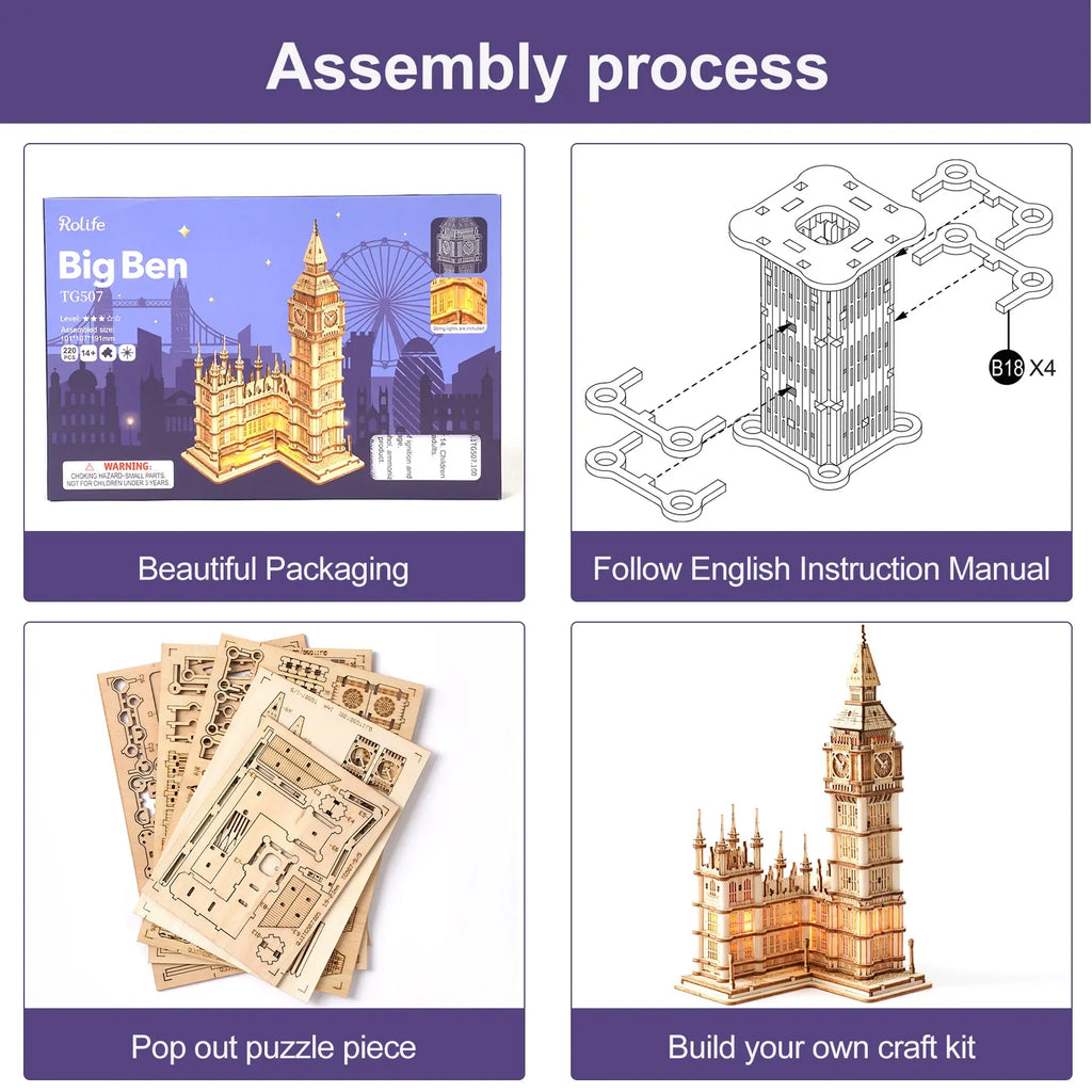 Rolife DIY Wooden 3D Puzzle Big Ben Model Building Kit Brain Teaser Puzzle Toy with LED Light for Home Decor Gifts for Adult Kid
