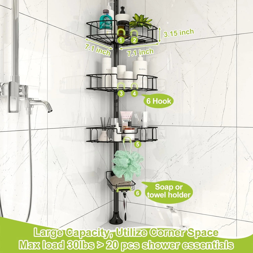 Corner Shower Caddy Tension Pole, Rustproof Stainless Steel Tension Rod Corner Shower Caddy for Shower Organizer,Adjustable Floor to Ceiling Stand Shower Shelves for Bathroom Bathtub