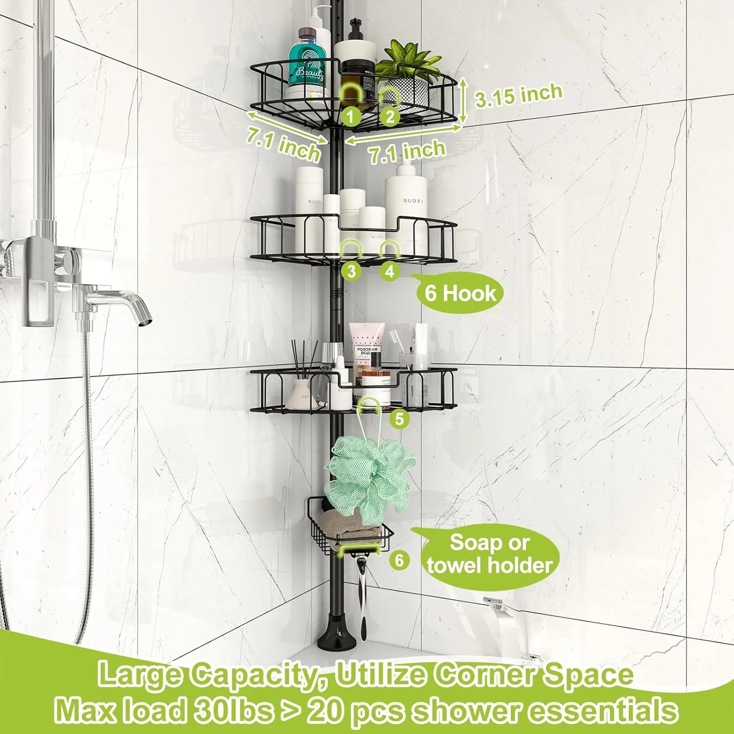 Corner Shower Caddy Tension Pole, Rustproof Stainless Steel Tension Rod Corner Shower Caddy for Shower Organizer,Adjustable Floor to Ceiling Stand Shower Shelves for Bathroom Bathtub
