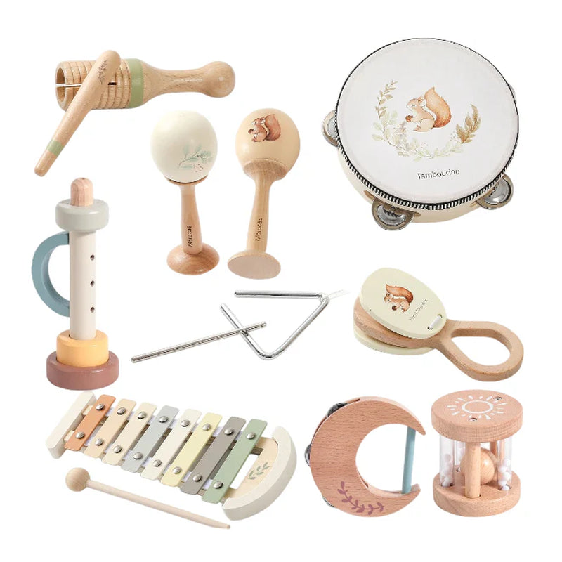 Toddler Musical Instruments Montessori Natural Wooden Percussion Instruments for Kids Preschool Educational Musical Toys Set for Boys and Girls with Storage Bag