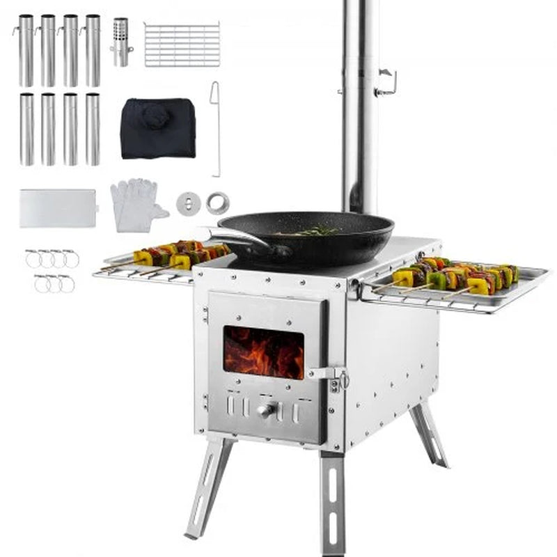 Wood Stove, 86 Inch, Stainless Steel Camping Tent Stove, Portable Wood Burning Stove with Chimney Pipes & Gloves, 1646In3Firebox Hot Tent Stove for Outdoor Cooking and Heating with 8 Pipes