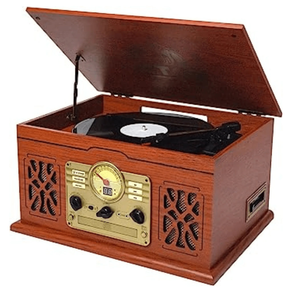 Victor State 7-In-1 Wood Music Center with 3-Speed Turntable and Dual Bluetooth