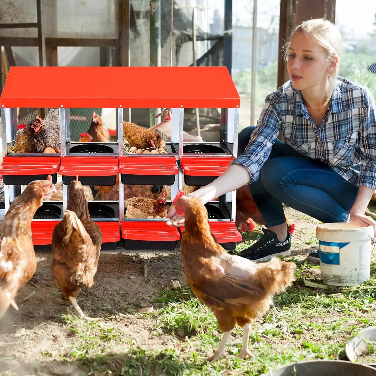 6/8/10 Holes Chicken Nesting Boxes Multi Compartments Metal Laying Boxes with Roll Out Egg Collection for Chickens Hens Ducks
