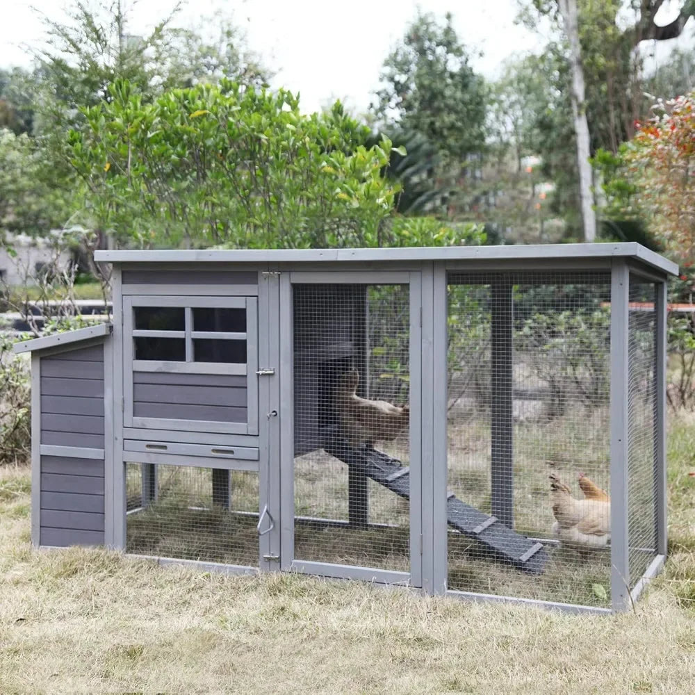 Chicken Coop Large Chicken House with Run Wooden Poultry Cage with Nesting Box, Large Opening Roof