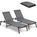 Chaise Lounge Chairs Outdoor, Aluminum Patio Lounge Chairs with Adjustable 5-Position, Folding Pool Lounge Chairs Recliner and Full Flat Tanning Chairs for Patio, Beach, Pool, Dark Grey, 2 Pcs