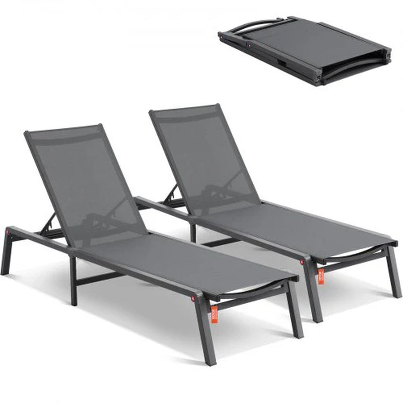 Chaise Lounge Chairs Outdoor, Aluminum Patio Lounge Chairs with Adjustable 5-Position, Folding Pool Lounge Chairs Recliner and Full Flat Tanning Chairs for Patio, Beach, Pool, Dark Grey, 2 Pcs