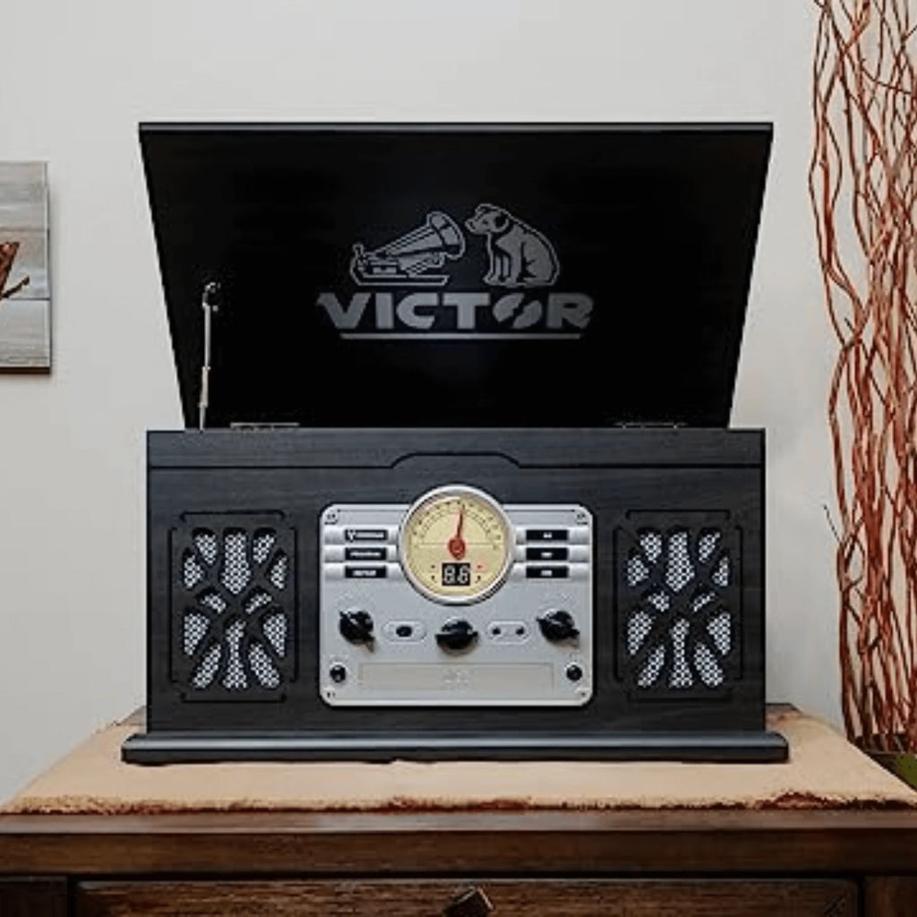 Victor State 7-In-1 Wood Music Center with 3-Speed Turntable and Dual Bluetooth