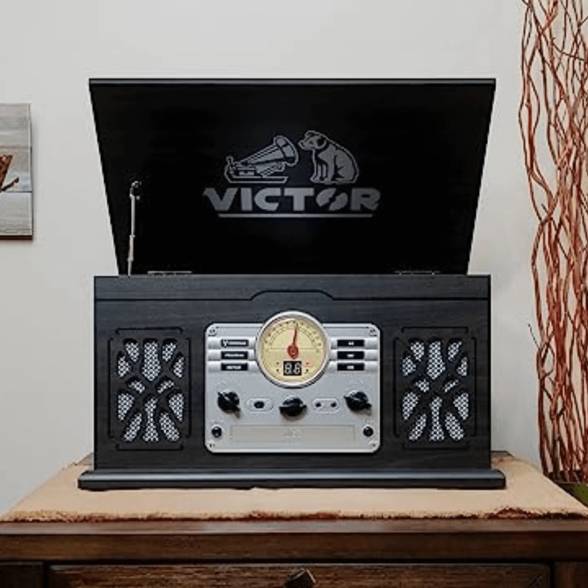 Victor State 7-In-1 Wood Music Center with 3-Speed Turntable and Dual Bluetooth