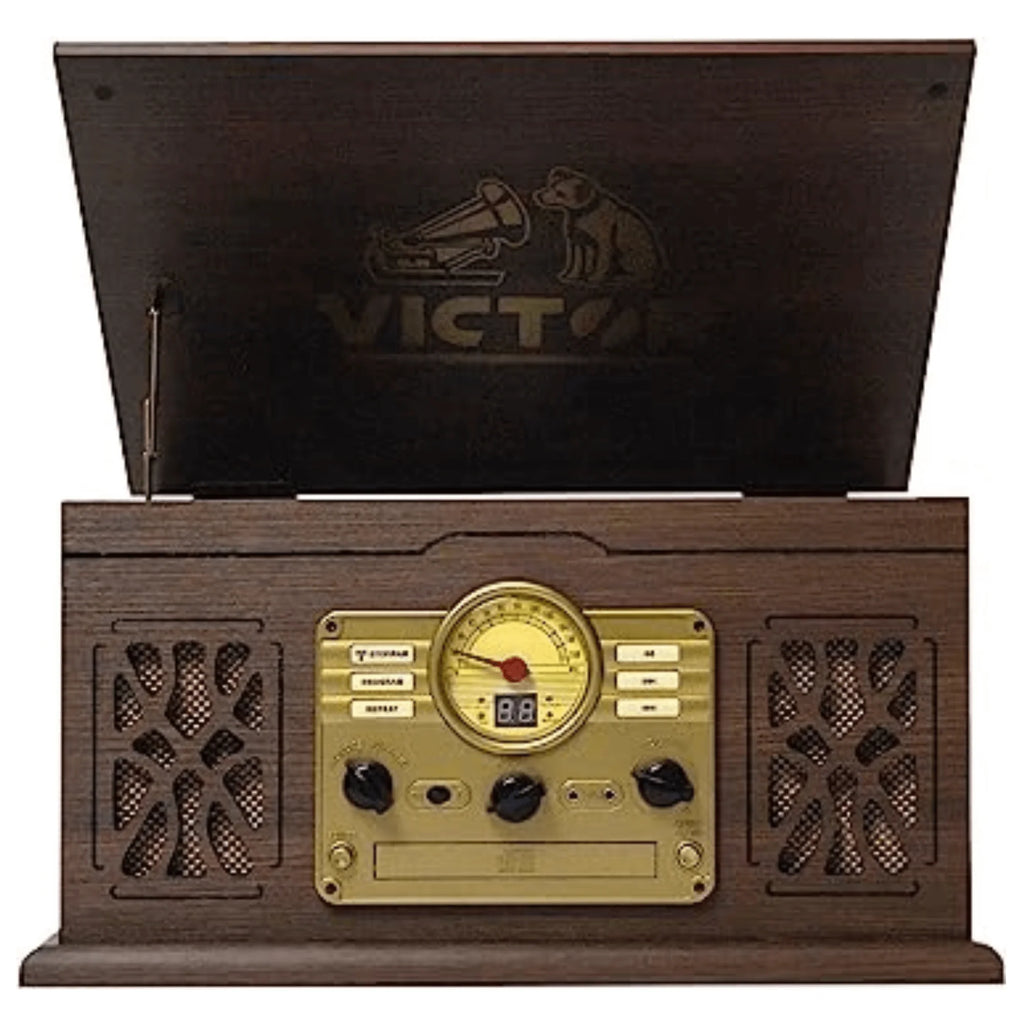 Victor State 7-In-1 Wood Music Center with 3-Speed Turntable and Dual Bluetooth