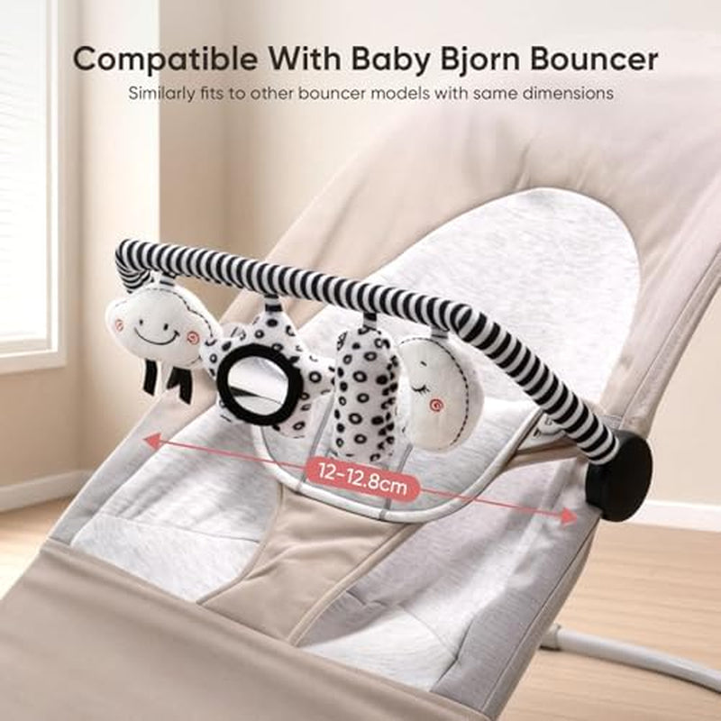 Baby Bouncer Toy Bar Soft with 4 Hanging Sensory Toys Attachment, Compatible with Baby Bjorn Bouncer, with Mirror, Rattle, Crinkle Sound for Babies All Ages (Black and White Shapes)