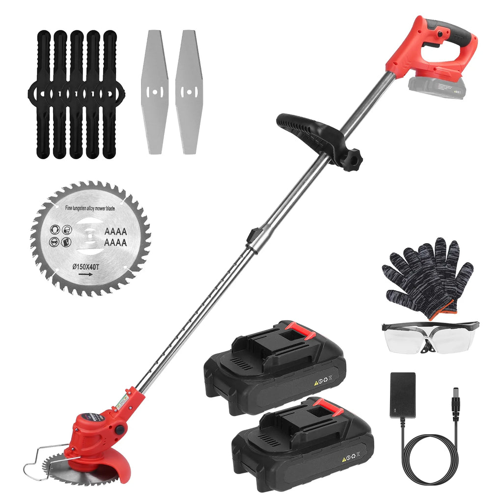 1Set Electric Cordless Grass Trimmer with 2 Alloy Saw Blades 2 Alloy Blades 10 Plastic Blades 2 Rechargeable Batteries Goggles Gloves Auxiliary Handle Fedex Shipping