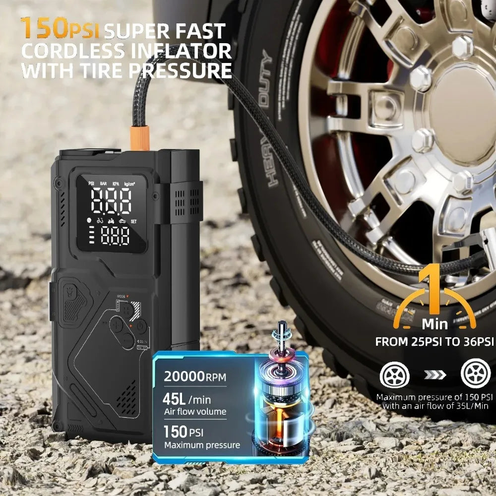 6 in 1 Jump Starter with Air Pump Peak 5000A Booster 150PSI Tire Inflator 8L Gas/4L Diesel with DC Power Cord 400LM Flashlight