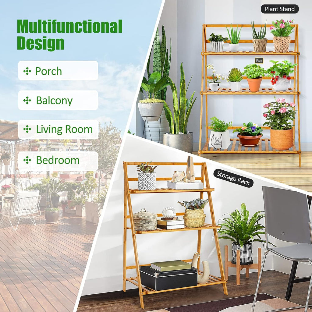 Bamboo Ladder Plant Stand, 3 Tier Folding Bamboo Plant Shelf, Foldable Flower Pot Display Shelf Rack, Multiple Plants Holder Organizer Storage Shelf for Indoor Outdoor Balcony Garden (Natural)