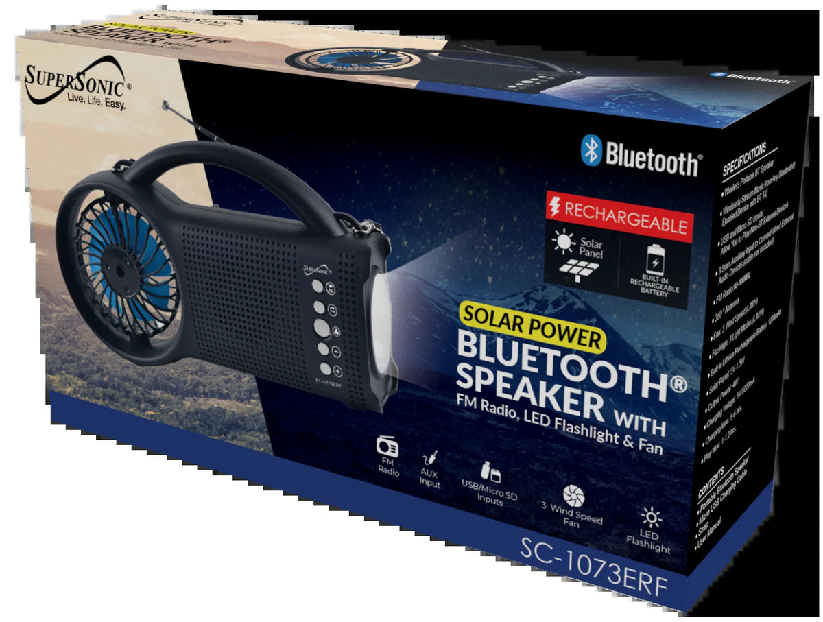Supersonic Solar Power Bluetooth Speaker with FM Radio, LED Torch Light & Fan