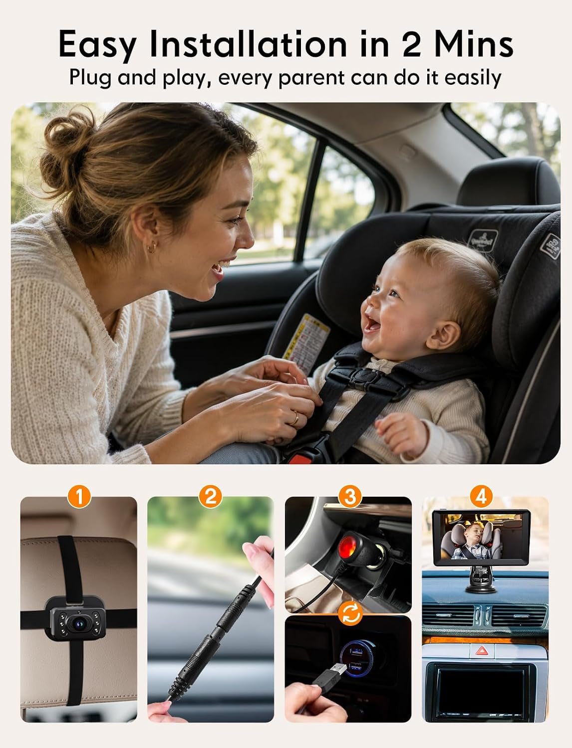 Split Screen Baby Car Camera for 2 Kids, 7 Inch HD 1080P Car Baby Monitor with Dual Backseat Cameras, 150° Wide View, 360°Rotation, Night Vision, Rear-Facing Infant Car Seat Mirror