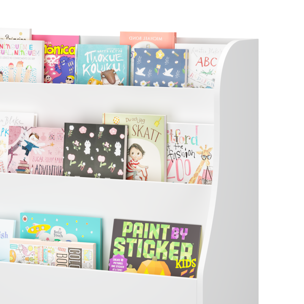 Kids Bookshelf with 3 Fabric Storage Bins, White Wooden Book Display Organizer for Toddlers and Children, Front-Facing Book Rack with Pine Legs for Playroom, Nursery, or Bedroom