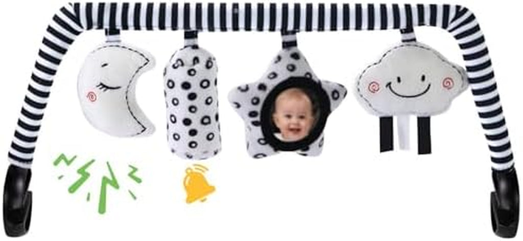 Baby Bouncer Toy Bar Soft with 4 Hanging Sensory Toys Attachment, Compatible with Baby Bjorn Bouncer, with Mirror, Rattle, Crinkle Sound for Babies All Ages (Black and White Shapes)