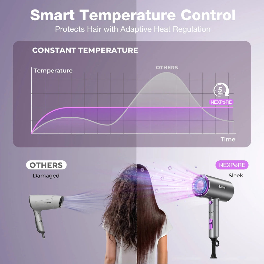Professional Ionic Hair Dryer, 2000W Powerful Blow Dryer with Diffuser and Concentrator, for Home and Travel Use, Purple