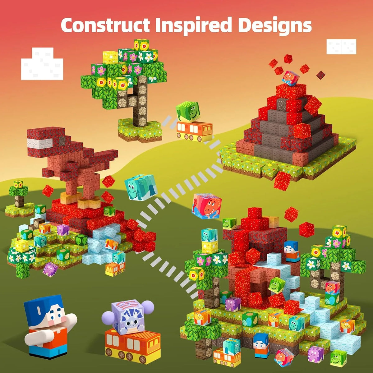 240PCS Magnetic Blocks Playset, Dinosaur STEM Educational Building Toys, Sensory Pretend Play Gift for Boys and Girls