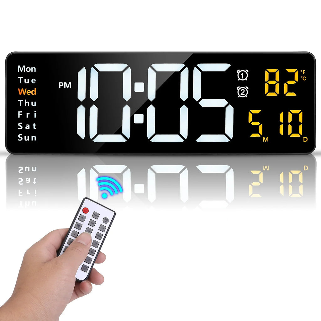 15.7In LED Digital Wall Clock with Remote Control for Home Gadget 10 Level Brightness 3 Alarm Settings 12-24Hr Format Timing Countdown Temperature Calendar Display Decorative Clock for Office Home