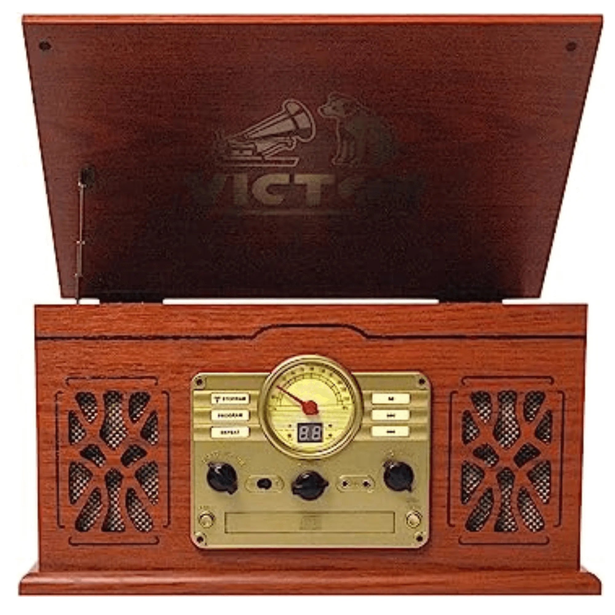 Victor State 7-In-1 Wood Music Center with 3-Speed Turntable and Dual Bluetooth