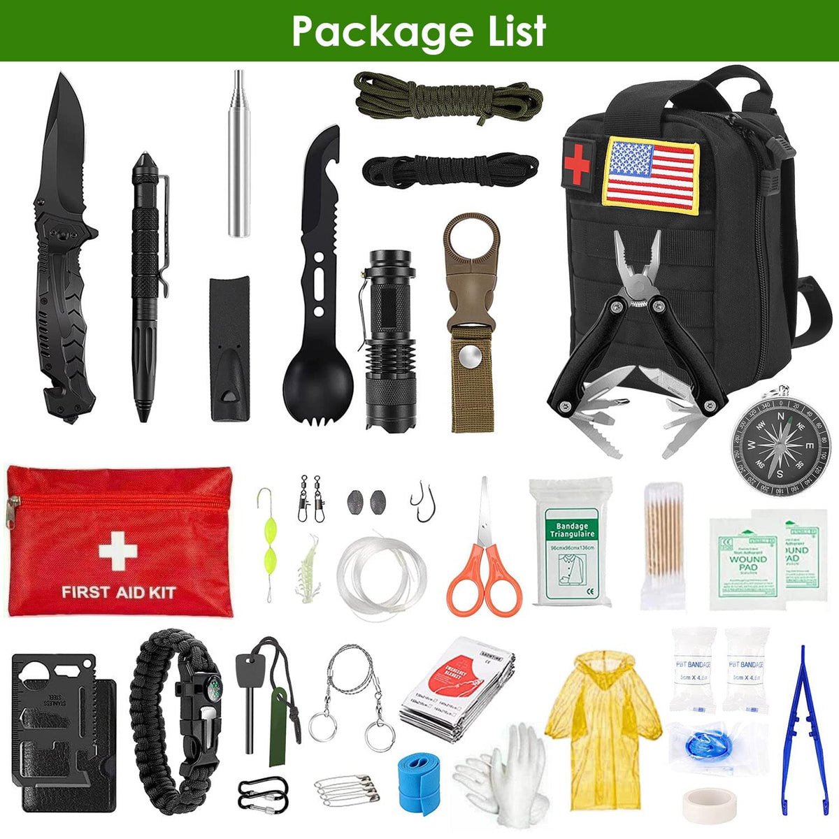 47Pcs Emergency Survival Kit Survival EDC Gear Equipment Tool First Aid Supplies Kit Tools with Pouch for Hiking Hunting Disaster Camping Adventure