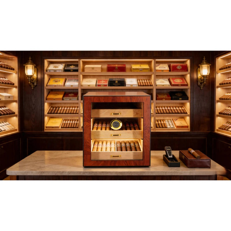 100 Cigar Capacity Wooden Humidor with Digital Hygrometer Glass Door Temperature Humidity Control Storage Box for Home Bar Use