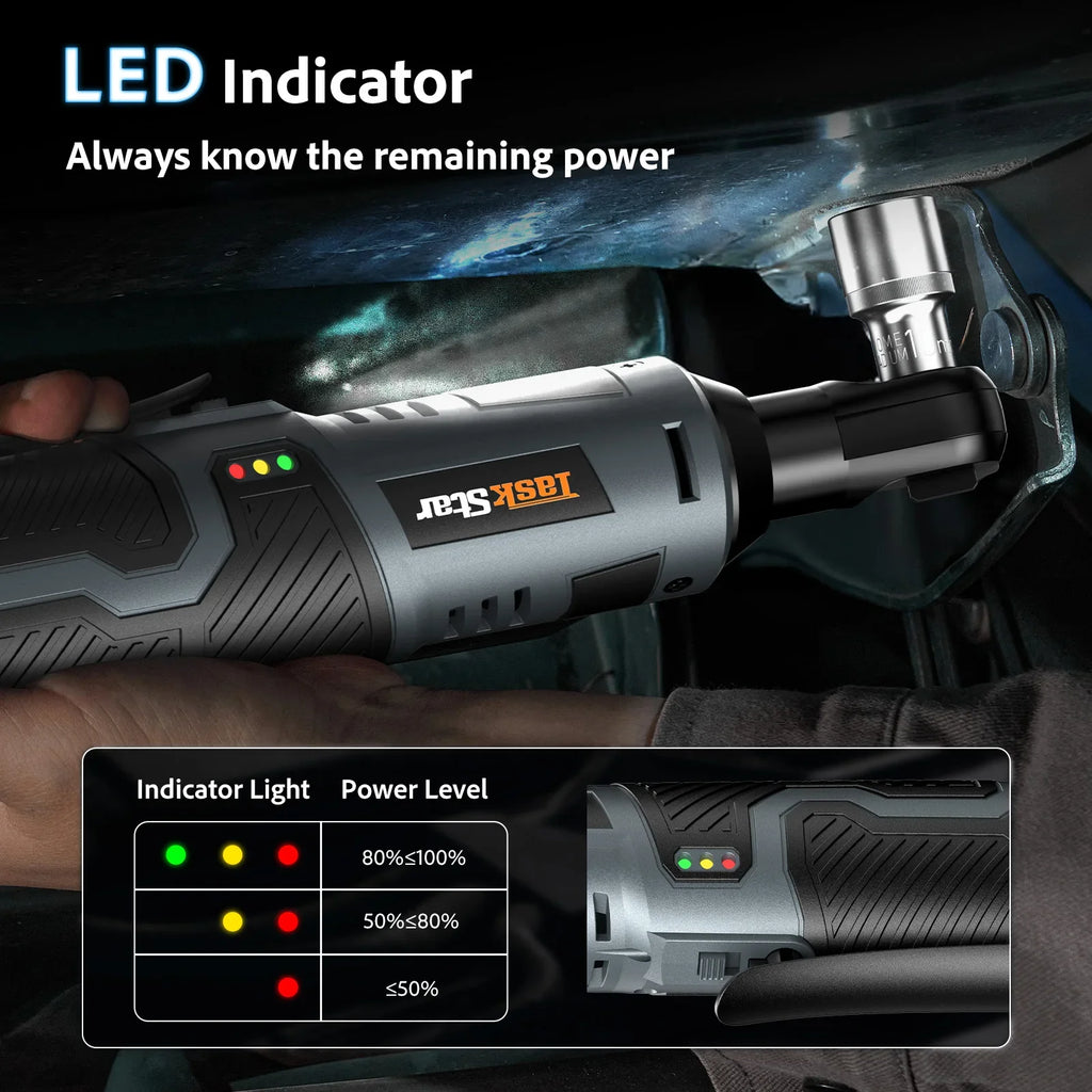 Taskstar Cordless Ratchet Wrench Kit 3/8-Inch Ratchet 40N.M(Max) Electric Power Angle Wrench with Variable Speed Trigger 0-200 RPM, Handheld Car Disassembly Tool with 2 Packs 2000Mah Lithium-Ion Battery&1 Charger&7 Sockets