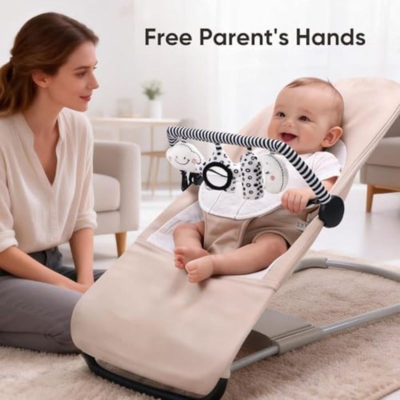 Baby Bouncer Toy Bar Soft with 4 Hanging Sensory Toys Attachment, Compatible with Baby Bjorn Bouncer, with Mirror, Rattle, Crinkle Sound for Babies All Ages (Black and White Shapes)